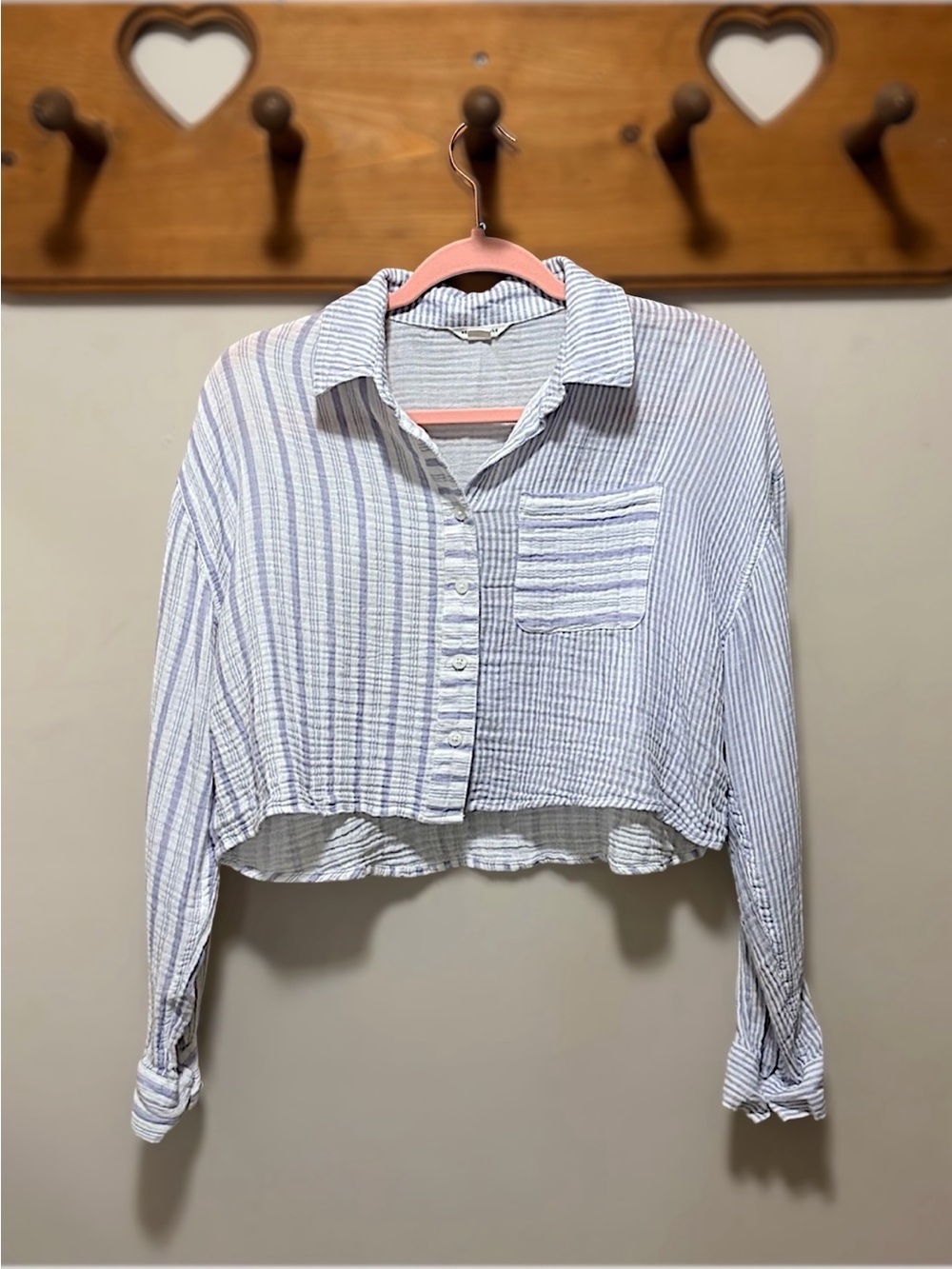 Aeropostale Blue White Striped Cotton Gauze Cropped Button Down Shirt S
